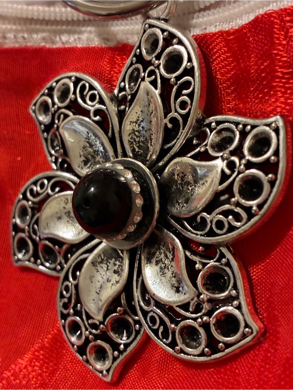 Silver Flower Pendant Charm with Black Center